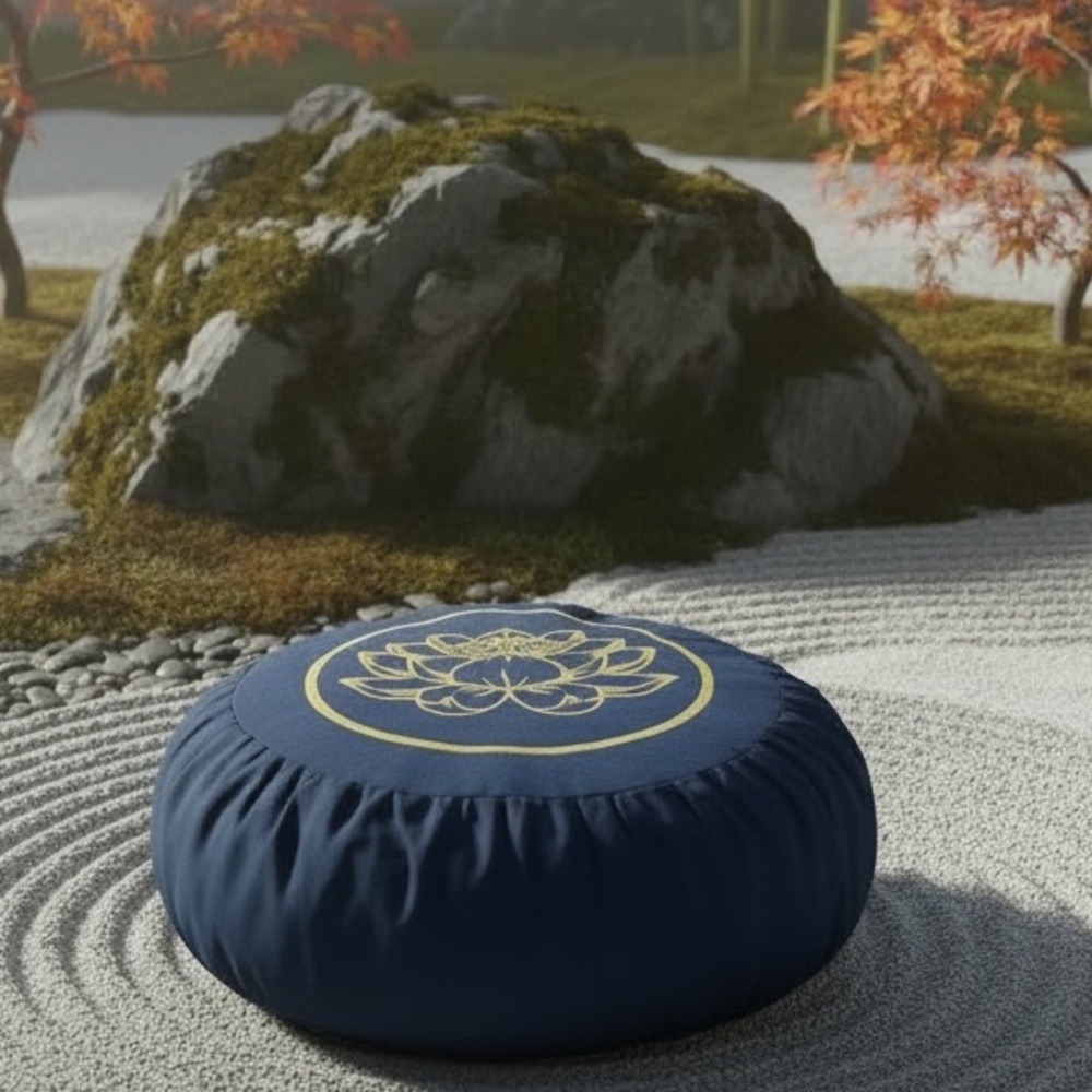 Blue Meditation Cushion and Cresent Buckwheat Xafu Pillow with Gold Lotus Design